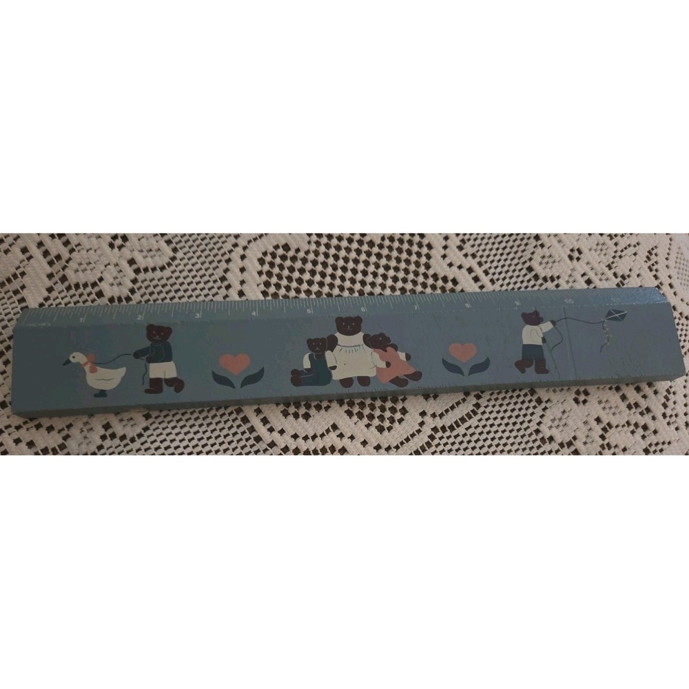 Vintage Blue Wooden Decorative Ruler Country Bear Design 12" Cottagecore